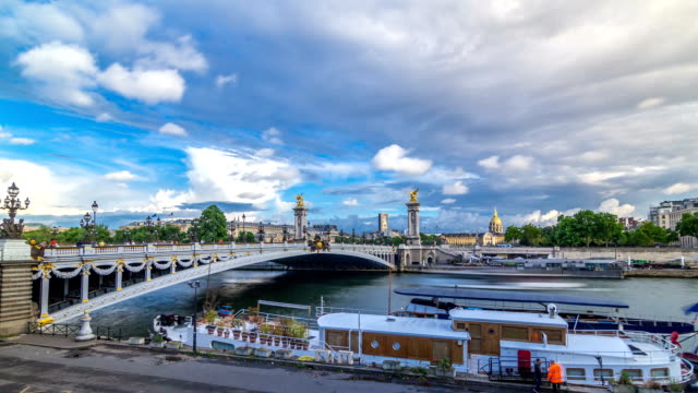 Bridge-of-Alexandre-III-spanning-the-river-Seine-timelapse-hyperlapse.-Paris.-France