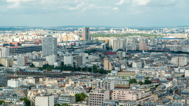 Panorama-von-Paris-Timelapse,-Frankreich.-Draufsicht-vom-Heiligen-Herzen-Basilika-des-Montmartre-Sacre-Coeur