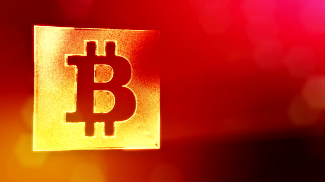 Sign-of-bitcoin-in-a-square-card.-Financial-background-made-of-glow-particles-as-vitrtual-hologram.-Shiny-3D-loop-animation-with-depth-of-field,-bokeh-and-copy-space..-Red-background-v1