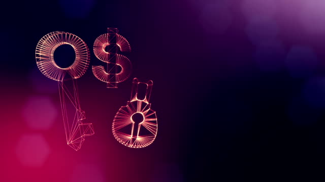 dollar-sign-and-emblem-of-lock-and-key.-Finance-background-of-luminous-particles.-3D-loop-animation-with-depth-of-field,-bokeh-and-copy-space-for-your-text.-purple-color-v1.
