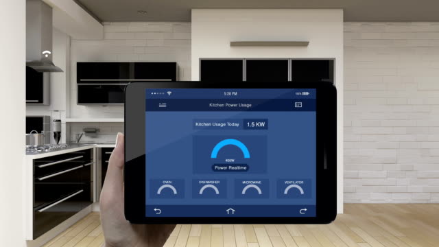 Kitchen-room-energy-saving-efficiency-control-in-smart-pad,tablet-application,-oven,-dishwasher,-microwave,-ventilator,-Smart-home-control,-internet-of-things.
