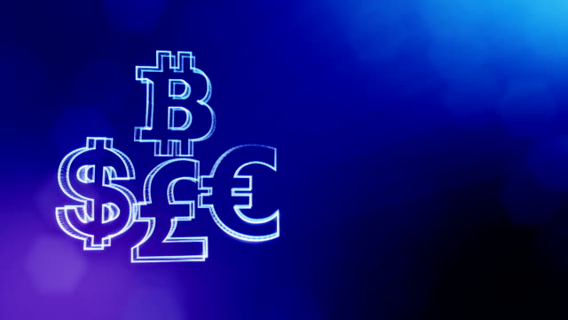 Symbol-Bitcoin-Dollar-Euro-Pfund.-Finanzieller-Hintergrund-aus-Glühen-Teilchen-als-Vitrtual-Hologramm.-Nahtlose-3D-Animation-mit-Tiefe-des-Feldes,-Bokeh-und-Kopie-Raum.-Blaue-Farbe-v2.