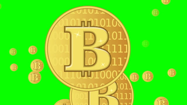 Bitcoin-animation,-golden-cryptocurrency-coin-symbol,-fiery-ellipses-around-the-coin,-flying-another-coins-on-background,-footage-on-green-screen