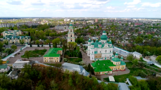 Aerial-view-at-the-town-from-the-top-of-the-highest-buildings-in-Chernigov---Troitsko-Ilyinsky-Monastery-bell-tower.