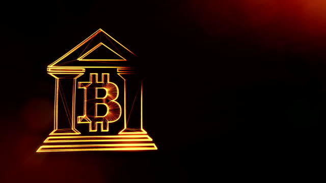 Zeichen-der-Bitcoin-Logo-in-das-Bankgebäude.-Finanzieller-Hintergrund-aus-glühen-Teilchen-als-Vitrtual-Hologramm.-Glänzende-Schleife-3D-Animation-mit-Tiefe-Feld,-Bokeh-und-Kopie.-Dunkle-V4