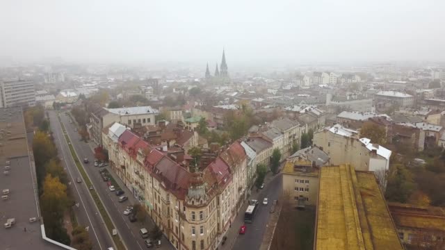 Aerial-view-of-the-corner-house-in-Lviv,-Ukraine