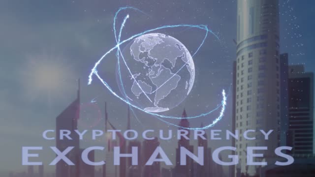 Kryptowährung-Austausch-Text-mit-3d-Hologramm-des-Planeten-Erde-vor-dem-Hintergrund-der-modernen-Metropole