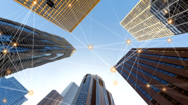 Digitale-Daten-Netzwerk-Verbindungslinien-von-Architekturen,-Wolkenkratzer-Gebäude-in-futuristischen-Technologie-Konzept.-Singapur-Stadt-mit-blauem-Himmel.