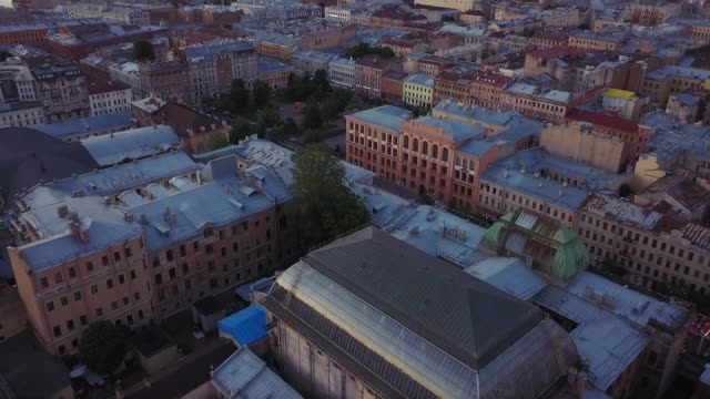 Old-central-city-high-point-view,-summer-evening-aerial-view-of-Saint-Petersburg,-Russia
