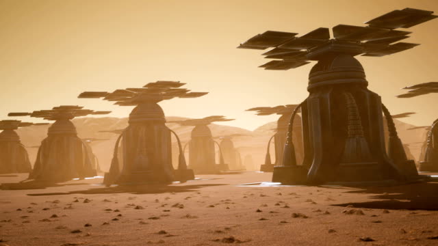 Paneles-solares-gigantes-en-la-superficie-de-Marte-durante-una-tormenta-de-polvo.-Paisaje-panorámico-en-la-superficie-de-Marte.-Animación-cinematográfica-realista.
