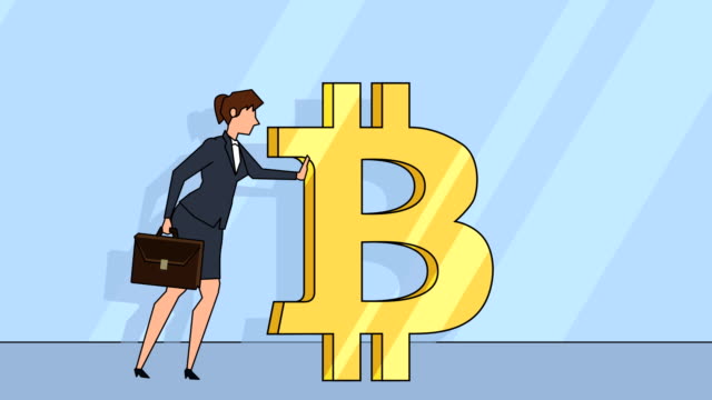 Flat-cartoon-businesswoman-character--with-case-bag-pushes-a-bitcoin-sign-money-concept-animation-with-alpha-matte