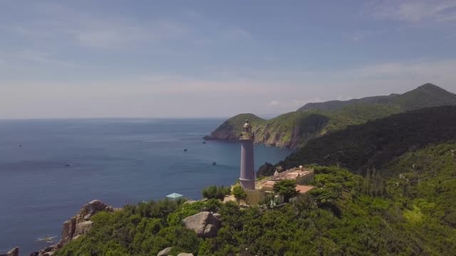 Drone-view-light-house-on-green-mountains-and-blue-sea-on-clear-horizon.-Aerial-view-sea-lighthouse-on-mountain-cliff-and-blue-sky-landscape