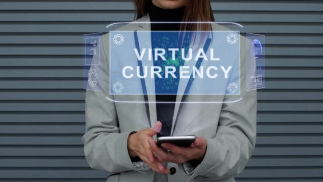 Geschäftsfrau-interagiert-HUD-Hologramm-Virtuelle-Währung