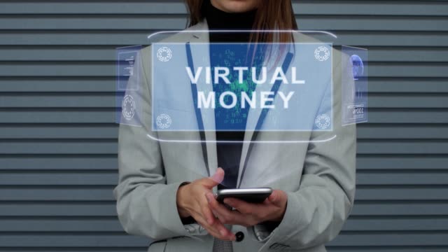 Geschäftsfrau-interagiert-HUD-Hologramm-Virtuelles-Geld