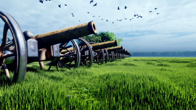 Medieval-cannons-in-the-field,-in-the-middle-of-green-grass-on-a-cloudy-day,-before-the-battle.