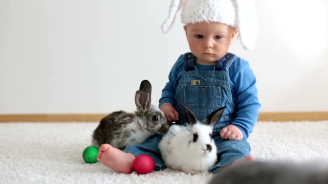 Little-toddler-child,-baby-boy,-playing-with-bunnies-and-easter-eggs-at-home,-colorful-hand-drawings-on-the-eggs
