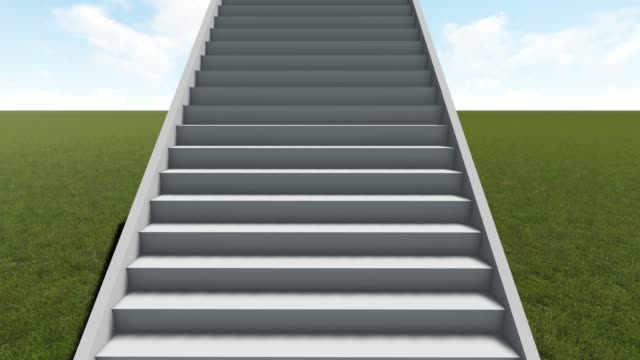 Stone-staircase-3d-animation.-Grey-concrete-steps-with-green-field-and-blue-sky-landscape-background-realistic-video.-Success-and-opportunities-concept.-Abstract-cement-stairway-footage