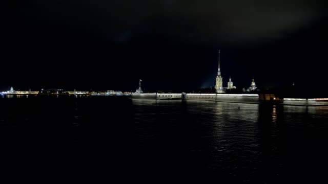 night-panorama-of-Saint-Petersburg,-old-castle-of-Peter-and-Paul-Fortress