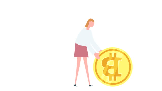 Flache-Cartoon-bunte-Frau-Charakter-Animation.-Mädchen-schiebt-Rollen-Bitcoin-Münze-Situation