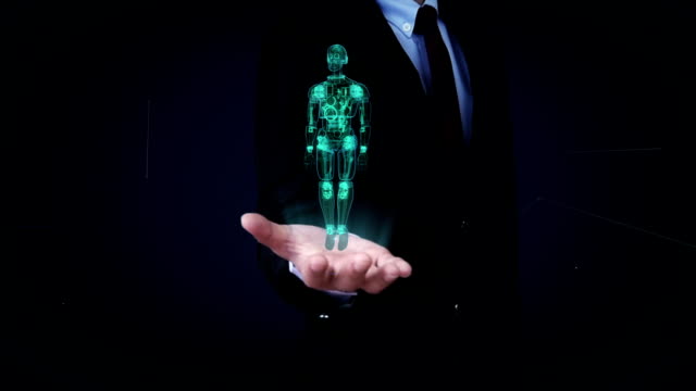 Geschäftsmann-offene-Hand,-rotierende-Transparenz-3D-Roboterkörper,-Röntgen-Scan.