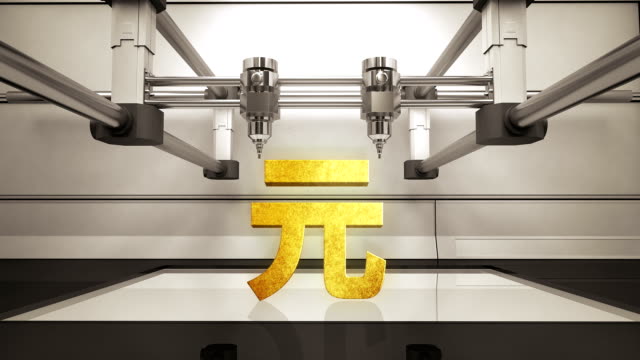 3D-printer-making-Yuan-money-gold-currency-sign,-3D-scanner