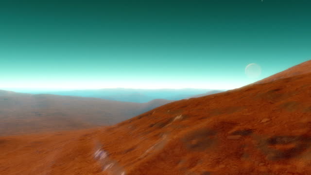 Ein-Flug-durch-Animation-zeigt-einen-felsigen-verlassenen-Exoplaneten-mit-einer-natürlichen-Satelliten-im-Hintergrund-am-späten-Nachmittag