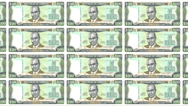 Banknoten-von-100-US-Dollar-von-der-Bank-of-Liberia-Rollen-auf-dem-Bildschirm,-Münzen-der-Welt,-Bargeld,-Schleife