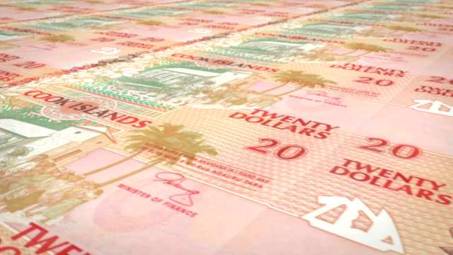 Banknotes-of-twenty-dollars-of-Cook-Islands-rolling,-cash-money,-loop