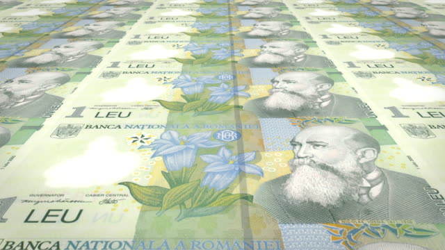 Banknoten-der-ein-rumänischer-Leu-von-Rumänien-Rollen,-Bargeld