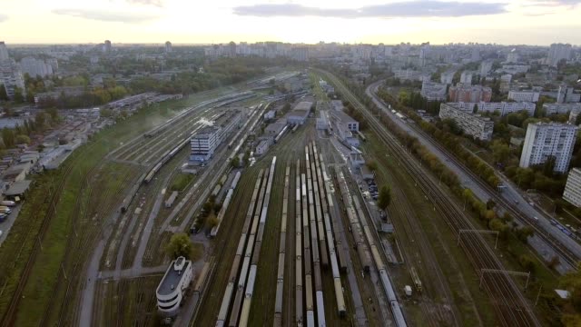 Aerial-view.-Trains-moving-out-from-platform-of-railway-station-Kiev,-Ukraine