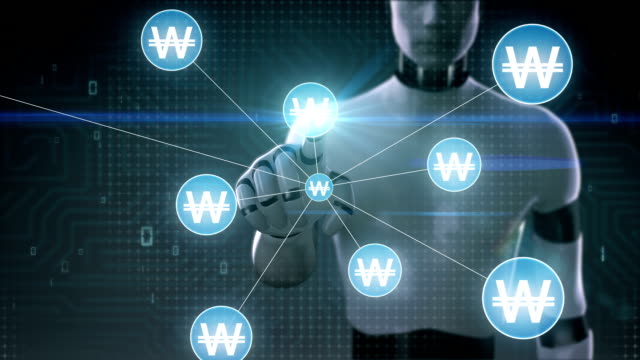 Robot,-cyborg-tocar-ganó-símbolo-de-moneda,-se-reúnen-numerosos-puntos-para-crear-un-signo-de-moneda,-puntos-hace-mundial-mapa,-internet-de-las-cosas.-technology.2-financieros.