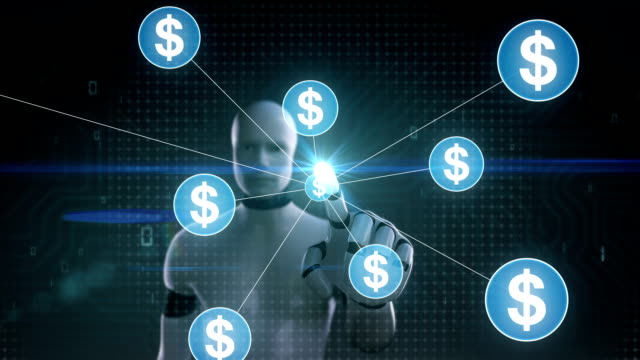 Robot,-cyborg-tocar-símbolo-de-moneda-del-dólar,-se-reúnen-numerosos-puntos-para-crear-un-signo-de-moneda,-puntos-hace-mundial-mapa,-internet-de-las-cosas.-technology.1-financieros.