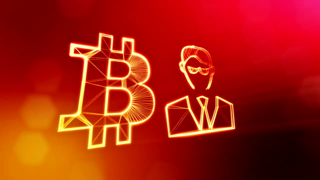 Zeichen-von-Bitcoin-und-Geschäftsmann-oder-Hacker.-Finanzieller-Hintergrund-aus-Glühen-Teilchen-als-Vitrtual-Hologramm.-Glänzende-Schleife-3D-Animation-mit-Tiefe-Feld,-Bokeh-und-Kopie...-Roten-Hintergrund-v1