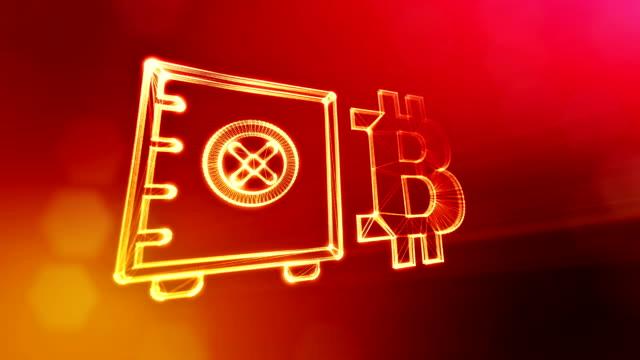 Zeichen-von-Bitcoin-und-Safe.-Finanzieller-Hintergrund-aus-Glühen-Teilchen-als-Vitrtual-Hologramm.-Glänzende-Schleife-3D-Animation-mit-Tiefe-Feld,-Bokeh-und-Kopie.-Rote-Farbe-v2