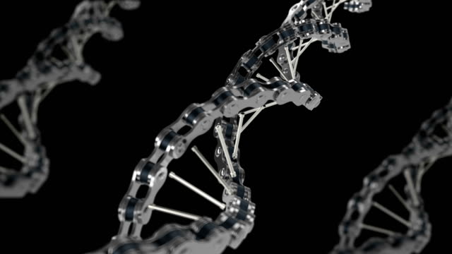 DNA-Metallketten-Spinnen-auf-dem-Bildschirm,-futuristischen-DNA-Konzept,-Roboter-Erstellung