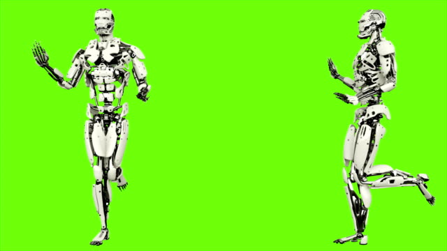 Roboter-mit-einer-anmutigen-Gang-android.-Realistische-geschlungene-Bewegung-auf-green-Screen-Hintergrund.-4K