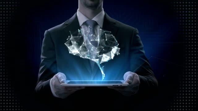 Geschäftsmann-anhebende-Tablette,-Gehirn-Verbindungslinien-zwischen-den-digitalen,-künstliche-Intelligenz-zu-wachsen.-4-k-Film.