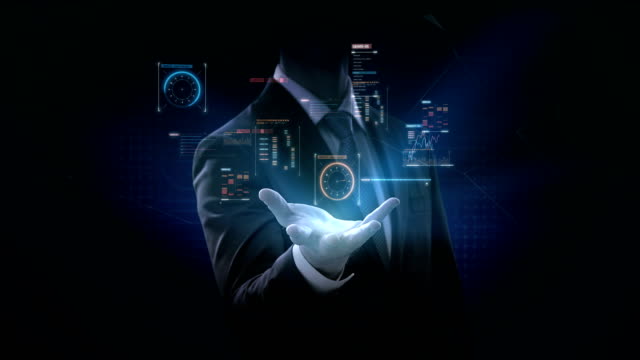 Geschäftsmann-öffnet,-Palm,-grafische-Benutzeroberfläche,-futuristische-Digitalanzeige,-künstliche-Intelligenz-zu-wachsen.-4-k-Film.