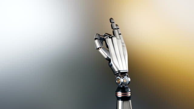 Futuristic-cyborg-robotic-arm-during-test-action.-Metal-shines.-Abstract-dark-background.-60-fps-animation-with-alpha-matte.