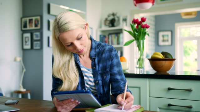 Attractive-Blond-Woman-Swiping-Through-Digital-Tablet-And-Writing
