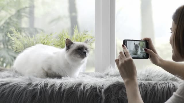 Happy-woman-taking-pictures-of-her-cat