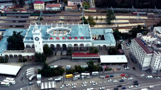 Aerial-photography-with-a-drone-Sochi-train-station.-The-Central-attraction-of-the-city-of-Sochi.-Transport-hub.-City-centre