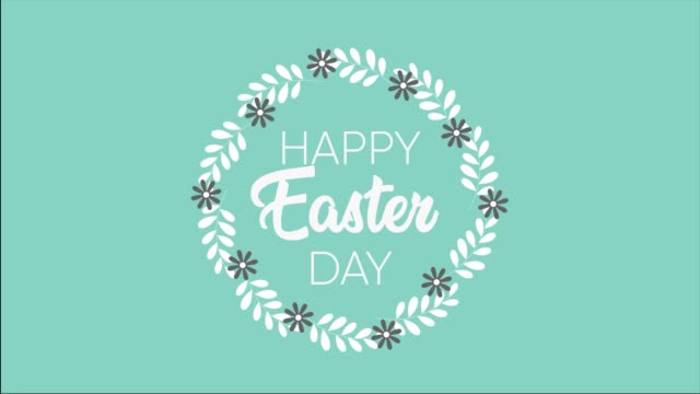 Happy-Easter-text,-animated-footage-in-4K.-Close-up-text-and-wreth-on-green-background.