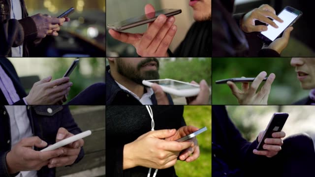 Collage-von-Männern-Texting,-am-Telefon-mit-Lautsprechertelefon