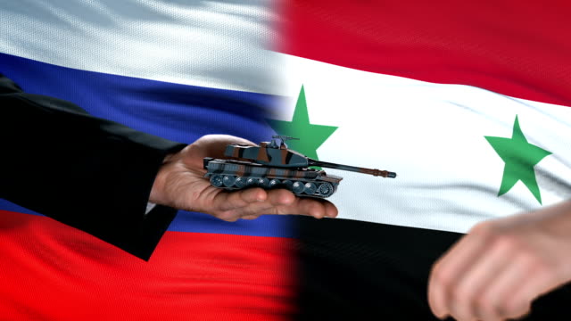 Russia-and-Syria-officials-exchanging-tank-for-money,-flag-background,-defense