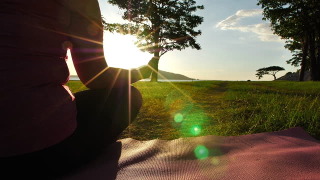 Primer-plano-de-las-mujeres-asiáticas-que-practican-yoga-relajarse-en-la-naturaleza-en-la-luz-del-sol-de-la-noche,-Lotus-pose-en-la-sesión-de-meditación.-Fitness-y-concepto-de-estilo-de-vida-saludable.