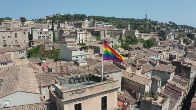 Aerial-view-of-lgbt-flag-on-building-of-Girona