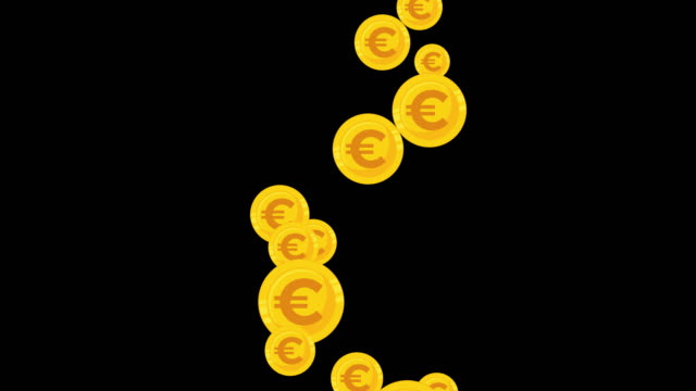 Euro-Münzen-bewegen-sich-in-Zeitlupe.-4k-Animation-mit-Alpha-Transparenz.-Währung-Europäischer-Hintergrund-für-Aktienmarkt,-Finanzen,-Banken,-Prognosen,-Geschäft..