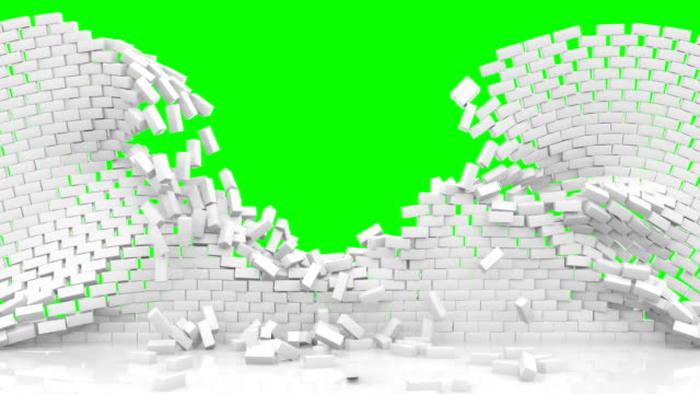 Concrete-wall-demolition-chroma-key-footage.-Barricade-crumbling-to-small-pieces-animation.-Foreground-falling-and-revealing-green-screen-background.-Barrier-shuttering,-collapse-video