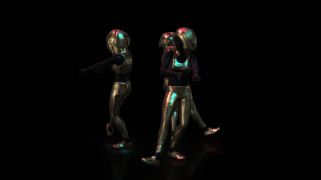 Mädchen-Tanzgruppe-tritt-in-goldenen-futuristischen-Kostümen-auf